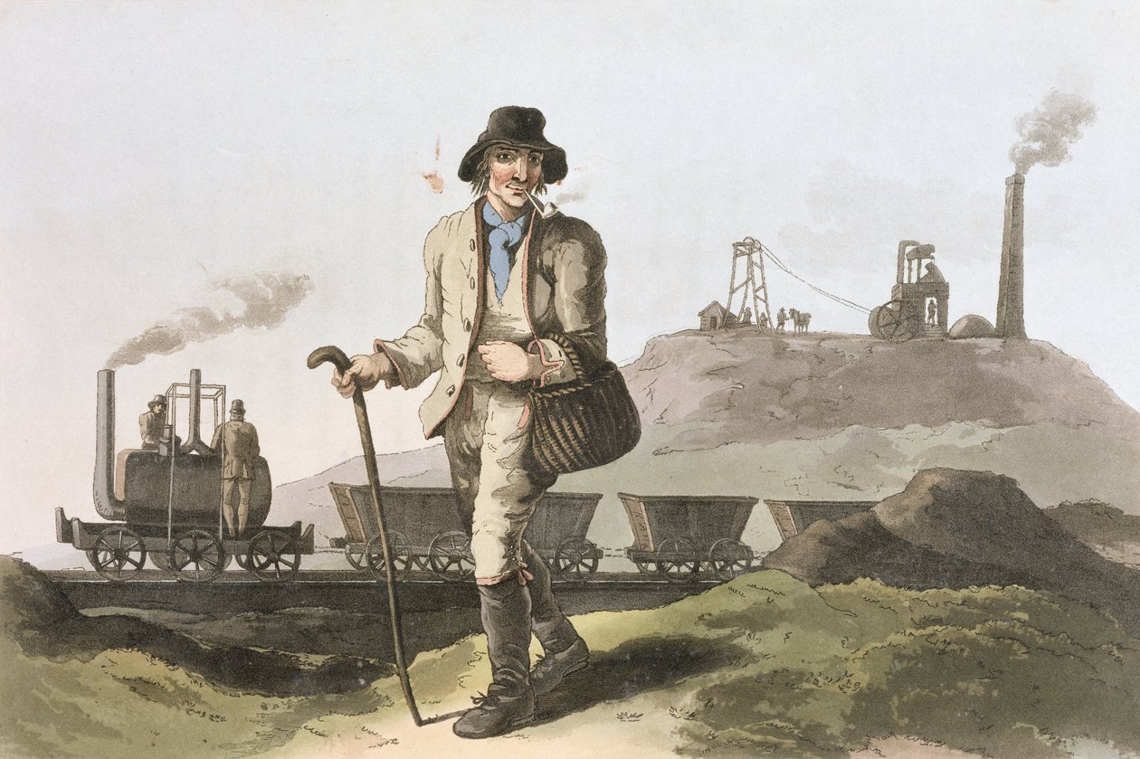 Blenkinsop mozdony a Leeds melletti Middleton kocsiban, Robert Havell (1769-1832) által metszett „Yorkshire jelmeze” 1814. alkotó: George Walker