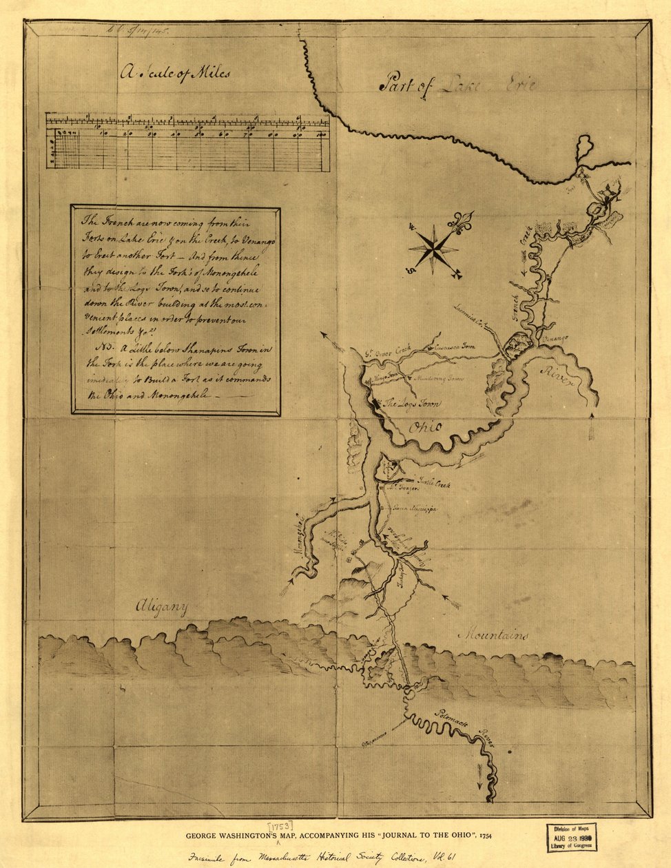 George Washington térképe, amely az 1754-es ohiói naplóját kísérte. LOC 99446116 alkotó: George Washington
