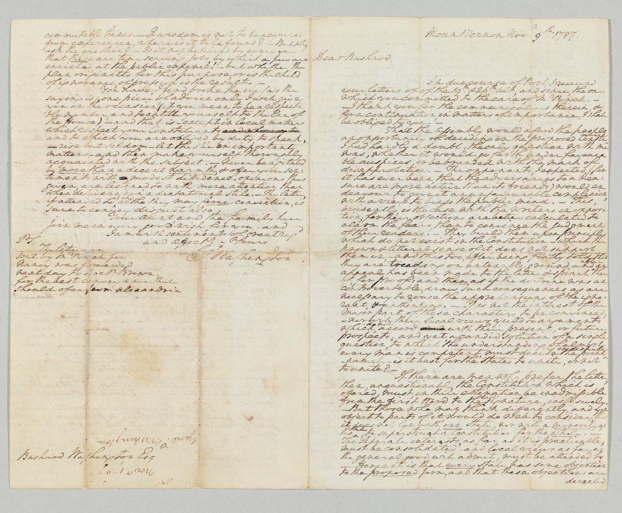 „Az alkotmány szerinti hatalom mindig a népé lesz” – aláírt dedikált levél Bushrod Washingtonnak, 1787. november 9. (toll és tinta papíron) (lásd még: 490373) alkotó: George Washington