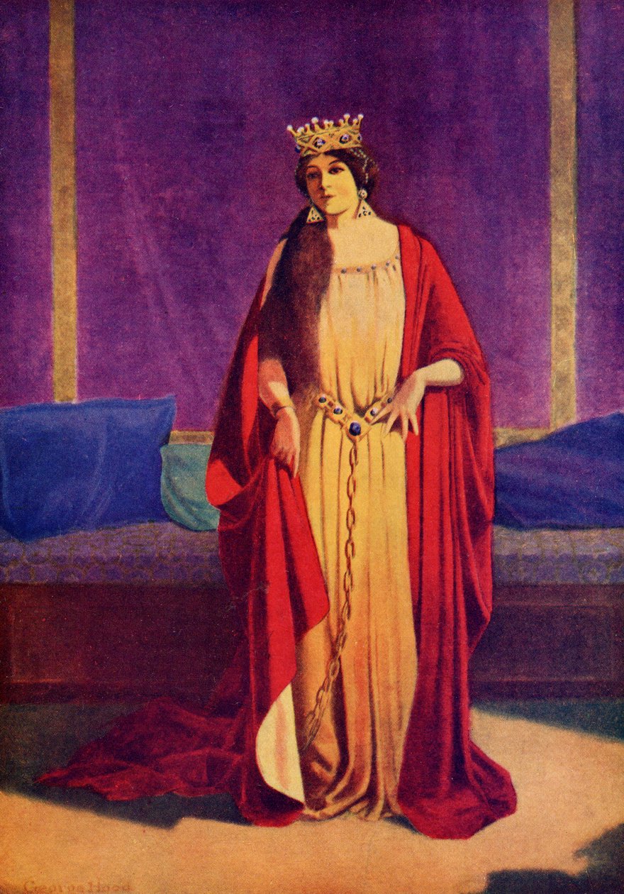 Széles aranyszalagot mutatott be a dereka körül, és egy aranyláncot, amely a földhöz erősítette, Washington Irving (1783-1859) „Legends of the Alhambra” című könyvéből, amelyet Lippincott adott ki. alkotó: George Washington Hood
