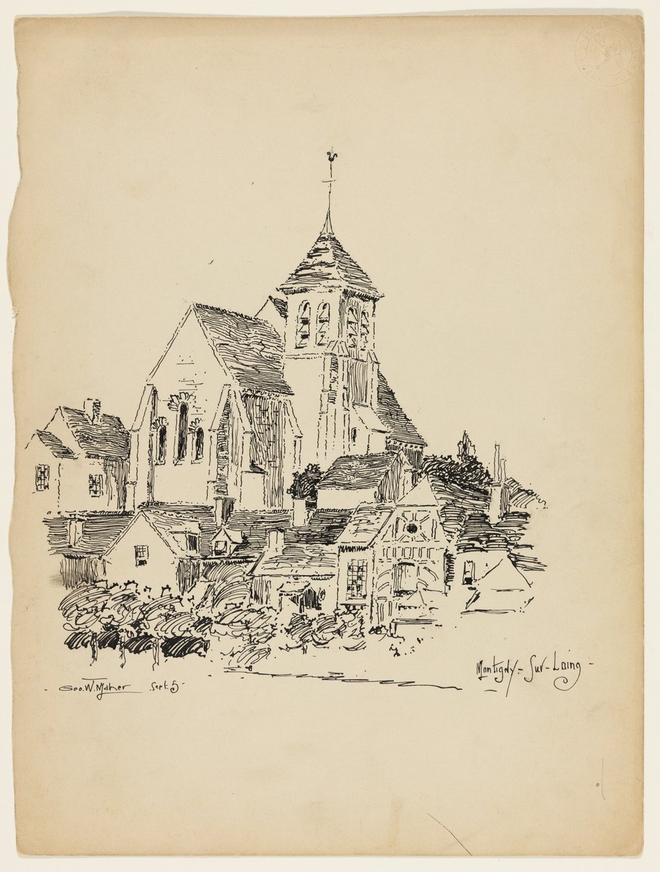 Templom Montigny-Sur-Loingban, Franciaország, utazási vázlat alkotó: George Washington Maher