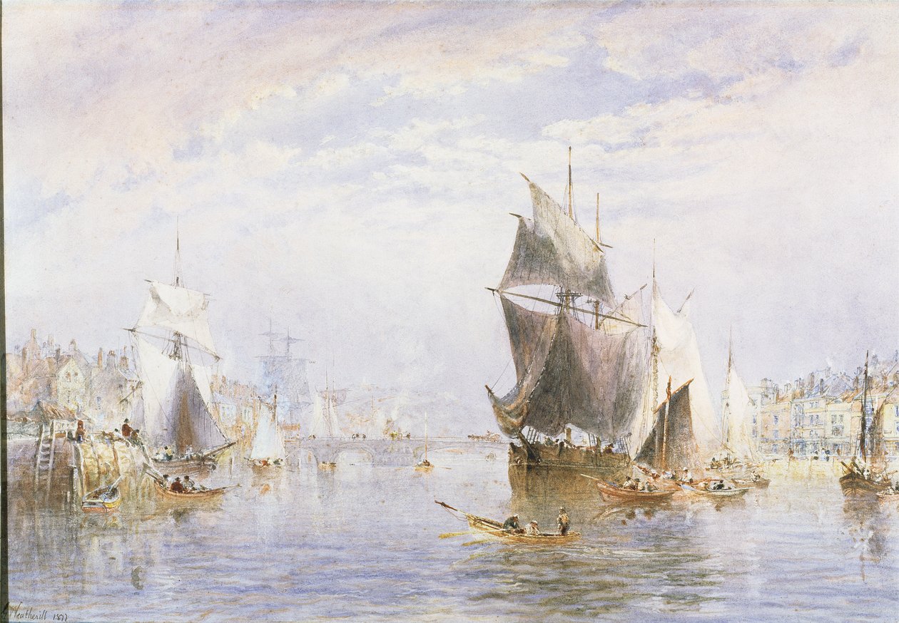 Kishajó a folyón Whitbynél, a Whitby Bridge mellett, 1877 (wc és karcolás) alkotó: George Weatherill