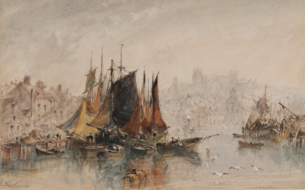 Whitby Harbour (tinta és WC papíron) alkotó: George Weatherill