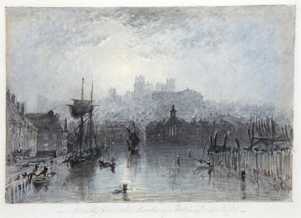 Whitby a vasútállomásról; Holdfény (akvarell) alkotó: George Weatherill