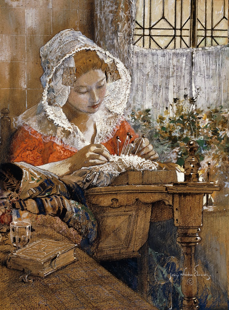 A flamand csipkeverő, 1925 körül (gouache, pasztell és ceruza barna papíron) alkotó: George Wharton Edwards
