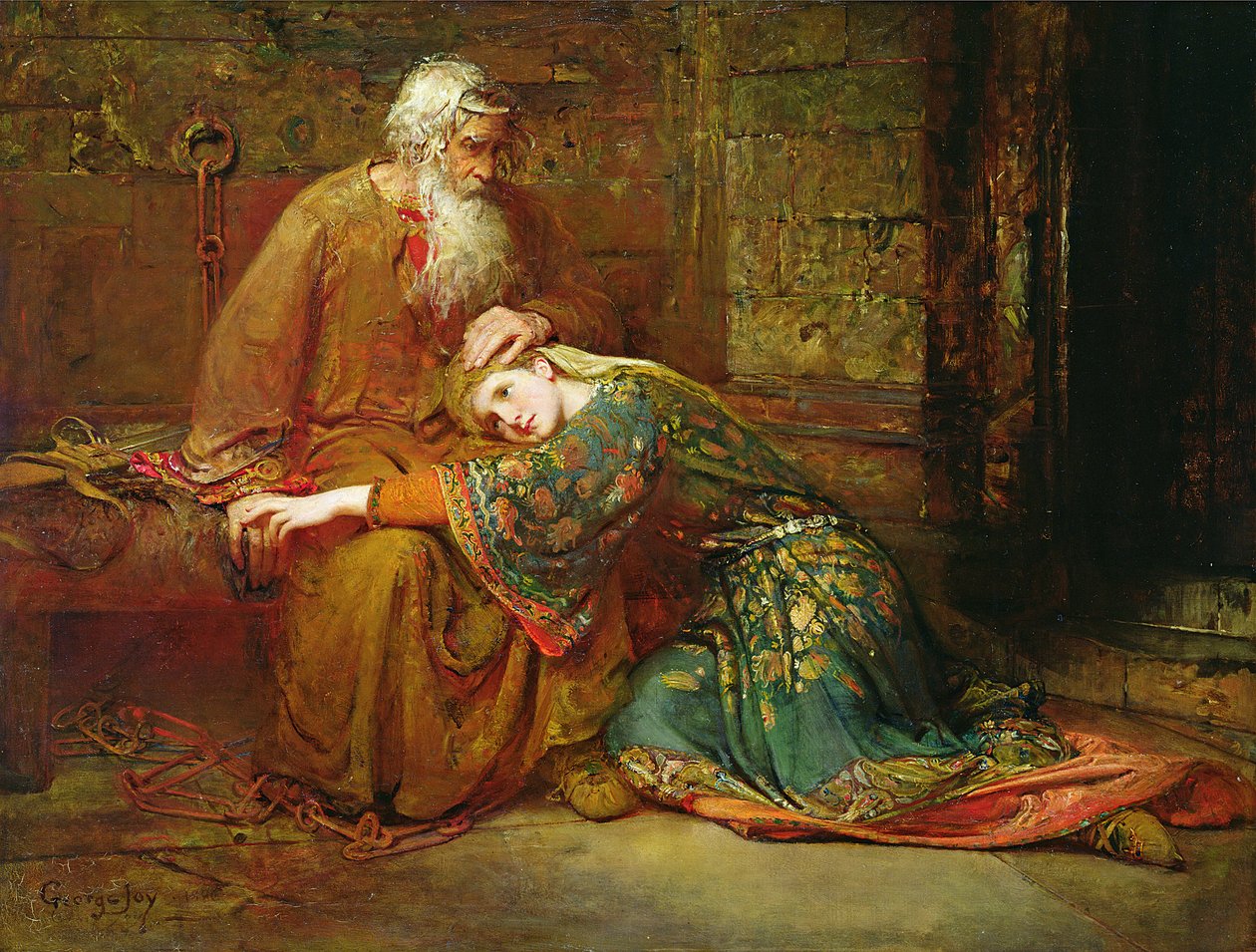 Cordelia vigasztalja apját, Lear királyt a börtönben alkotó: George William Joy
