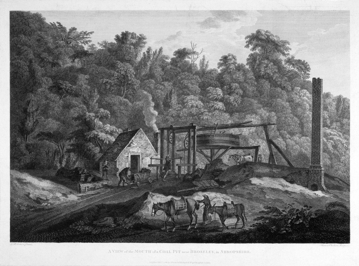 Kilátás a Shropshire-i Broseley melletti szénbánya torkolatáról, metszett: Francis Chesham (1749-1806) 1788 alkotó: George after Robertson