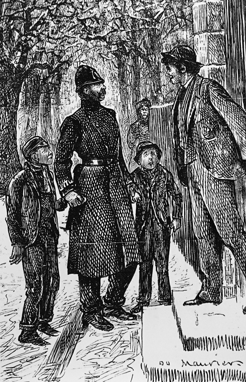 Egy londoni rendőr két utcai arabot mutat be annak az úrnak, akinek a küszöbe előtt csúszdáztak a jégen alkotó: George du Maurier