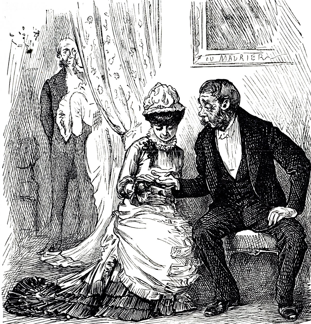 Karikatúra, amely a tenyérjóslás népszerűségét kommentálja a gazdagok körében. Illusztrált George du Maurier (1834-1896) francia-brit karikaturista és író alkotó: George du Maurier