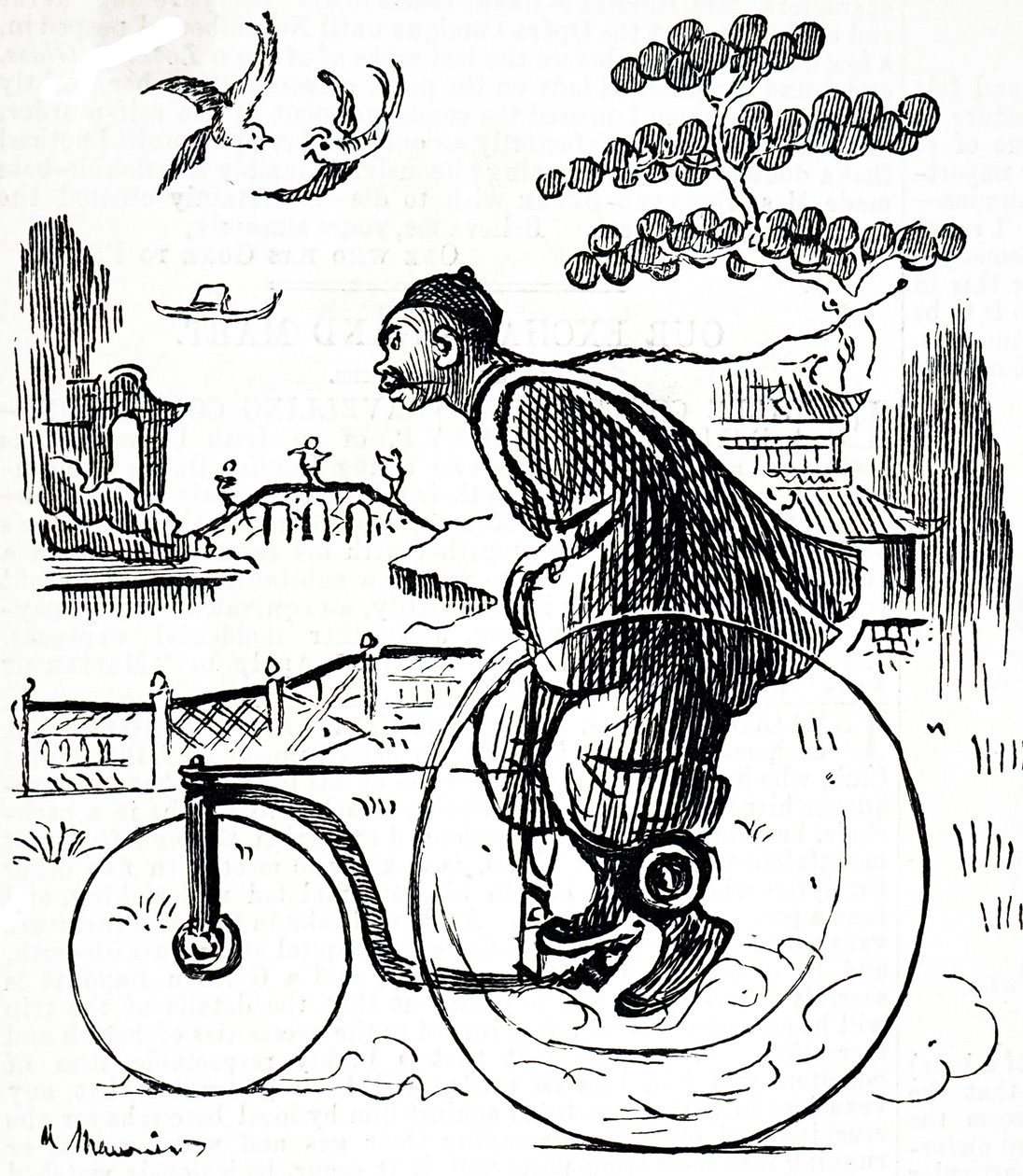 Rajzfilm, amely egy kínai férfit ábrázol, aki triciklivel halad át egy kínai parkon. Illusztrált George du Maurier (1834-1896) francia-brit karikaturista és író alkotó: George du Maurier