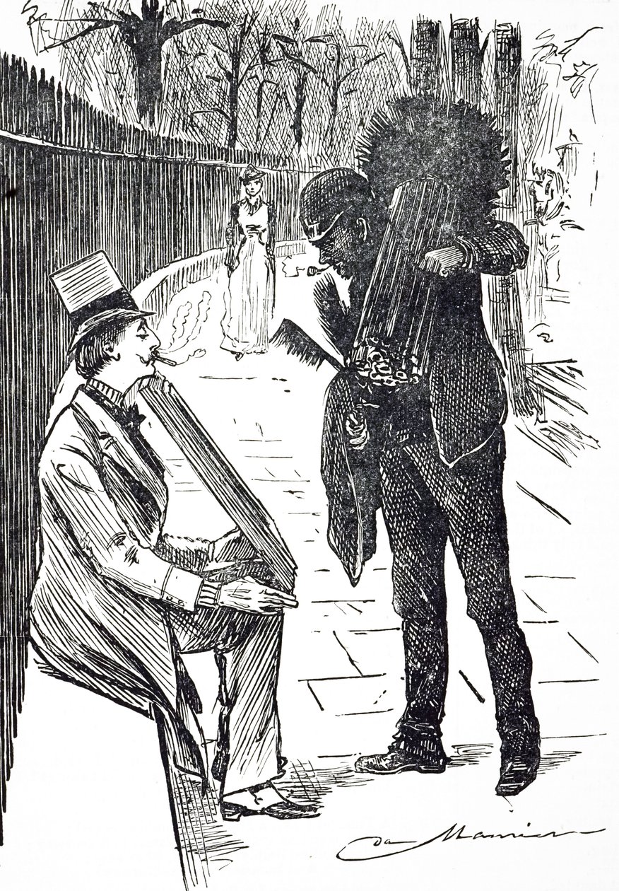Rajzfilm, amely egy kéményseprőt ábrázol, aki keféit hordja London utcáin. Illusztrálta: George du Maurier (1834-1896) francia-brit karikaturista és író alkotó: George du Maurier