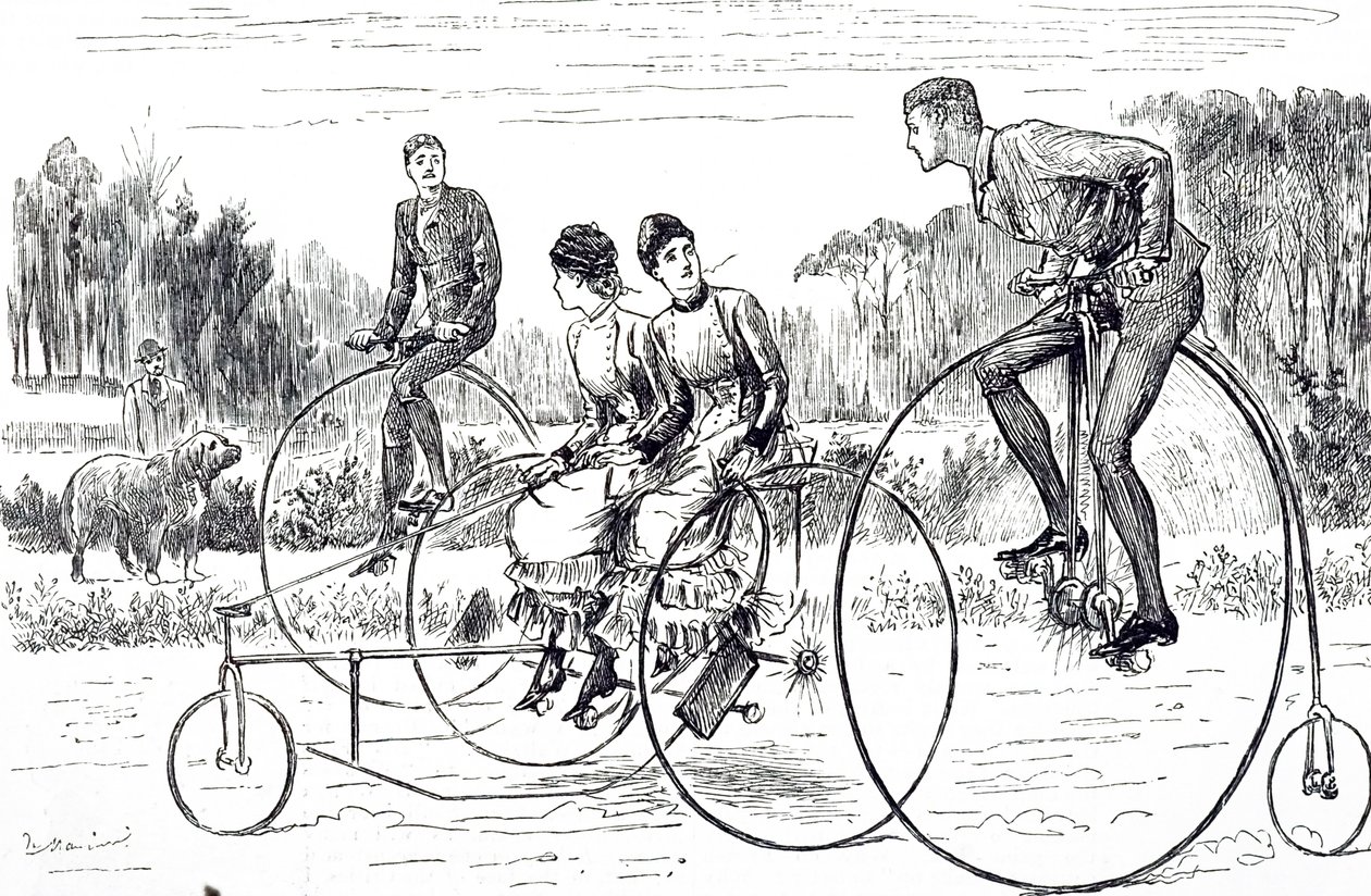 Egy rajzfilm, amely triciklivel közlekedő fiatalok csoportját ábrázolja. Illusztrált George du Maurier (1834-1896) francia-brit karikaturista és író alkotó: George du Maurier