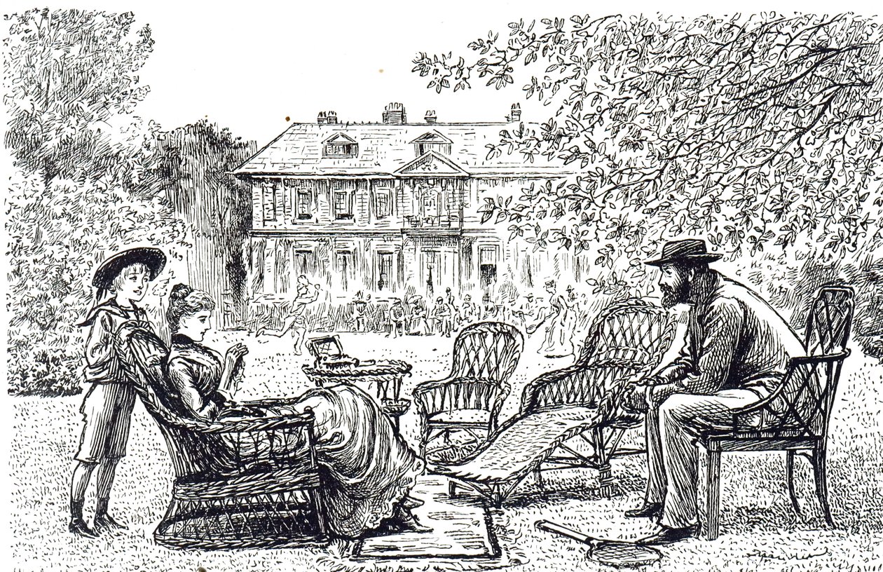 Tipikus fonott bútorokat ábrázoló metszet. Illusztrálta: George du Maurier (1834-1896) francia-brit karikaturista és író alkotó: George du Maurier