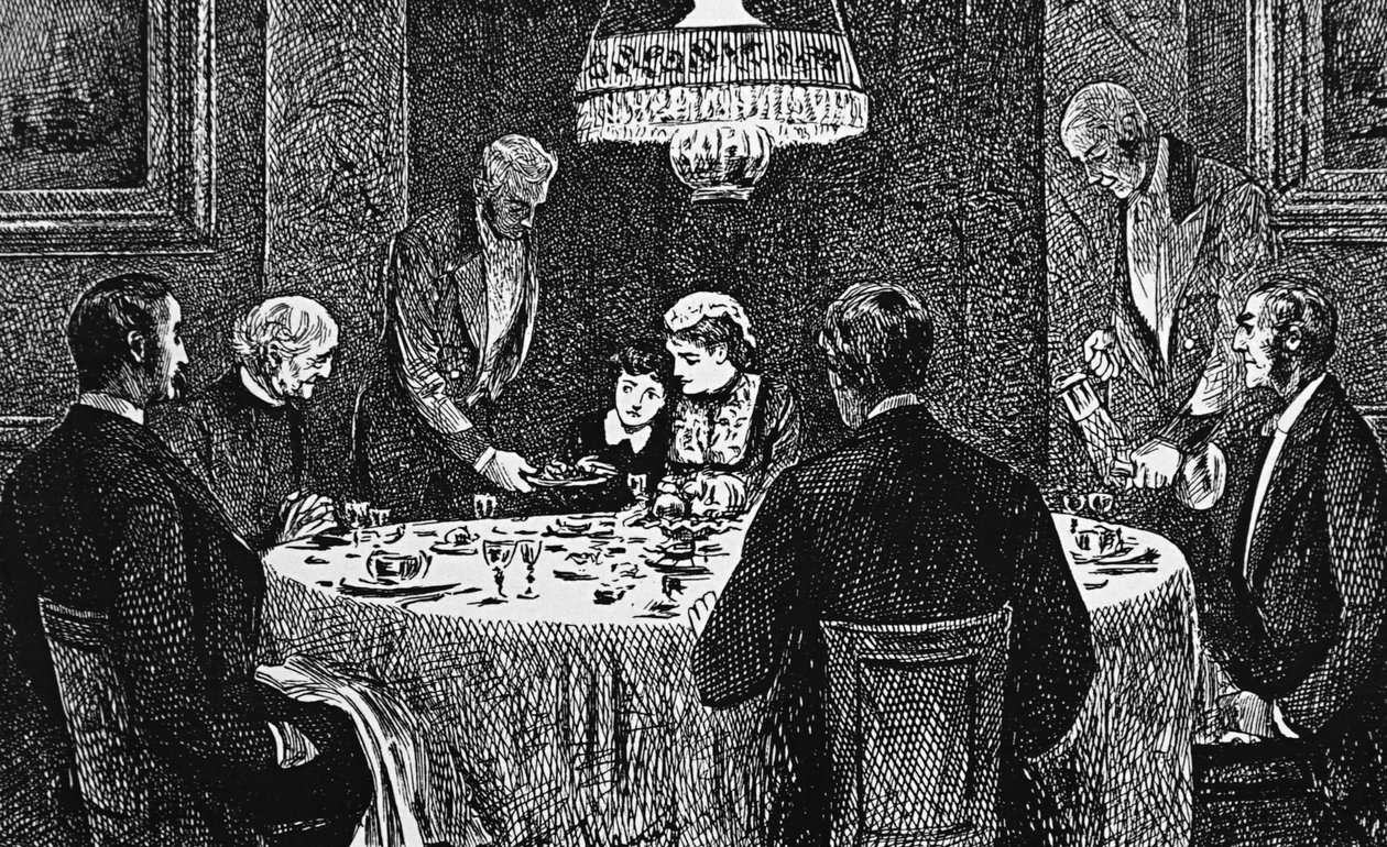 Felső osztályú család az asztalnál alkotó: George du Maurier