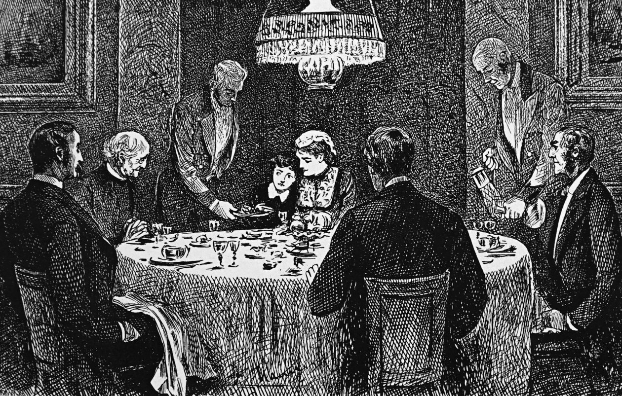 Felső osztályú család az asztalnál alkotó: George du Maurier