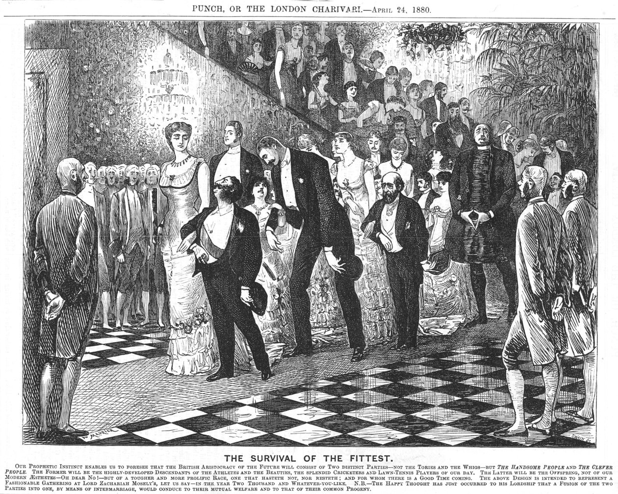 A darwinizmus alkalmazása a huszadik században. Szerző: George du Maurier, 1880. április 24. (rajzfilm a londoni Punchból) alkotó: George du Maurier