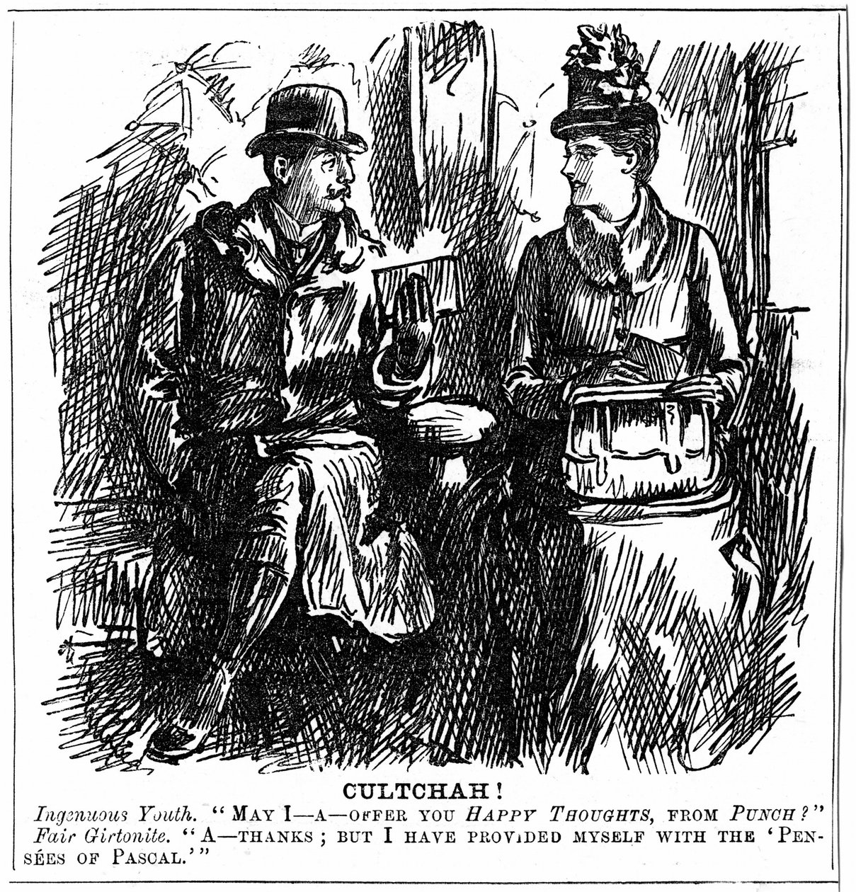 Az egyetemi oktatás előnyei a nők számára. George du Maurier karikatúra a Punch Londonból 1887. december 8-án. Fiatal férfi vasúti kocsiban a cambridge-i Girtonban végzett hallgatónak ajánl egy kis olvasnivalót az utazáshoz. Kecsesen visszautasítja, mivel  alkotó: George du Maurier