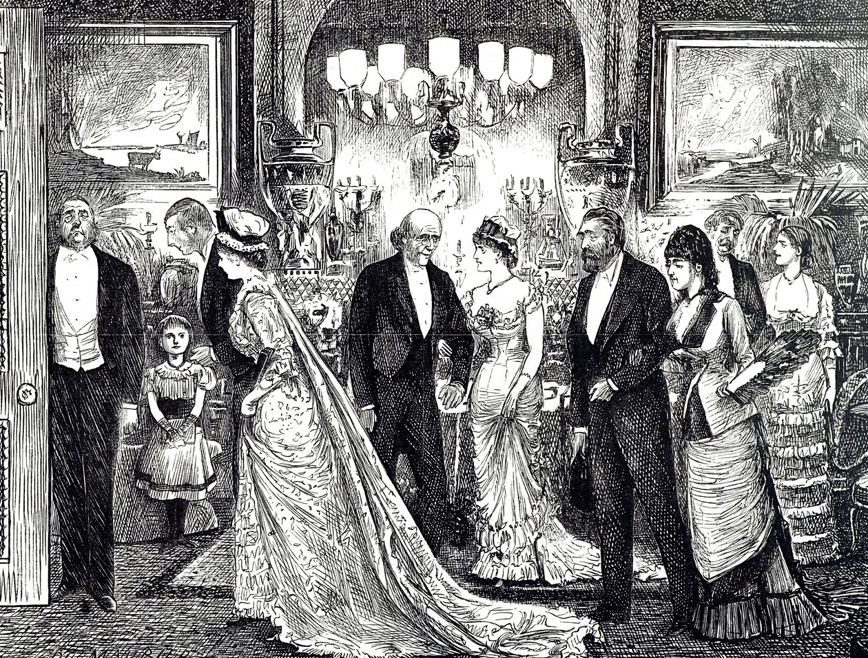 Elegáns estélyt ábrázoló rajzfilm egy viktoriánus otthonban alkotó: George du Maurier
