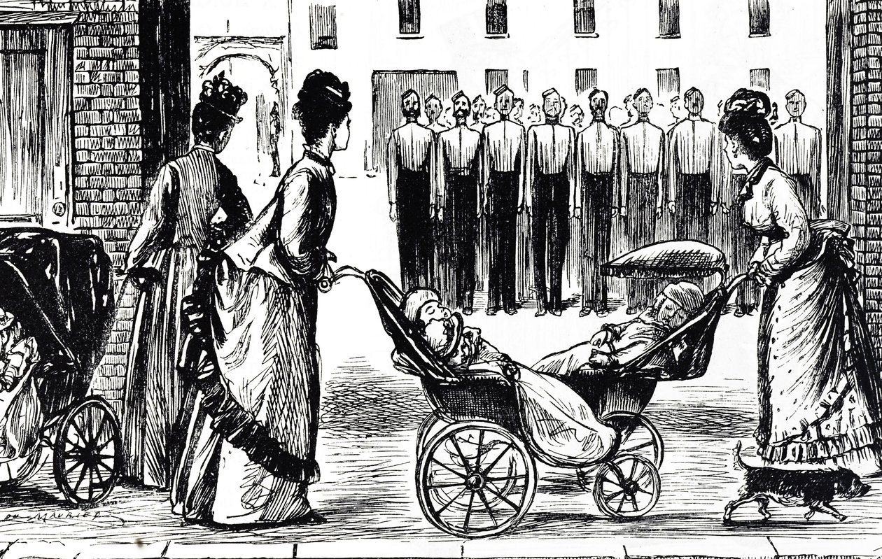 Karikatúra, amely dajkákat ábrázol, akik a laktanya mellett gurítják a kocsijukat alkotó: George du Maurier