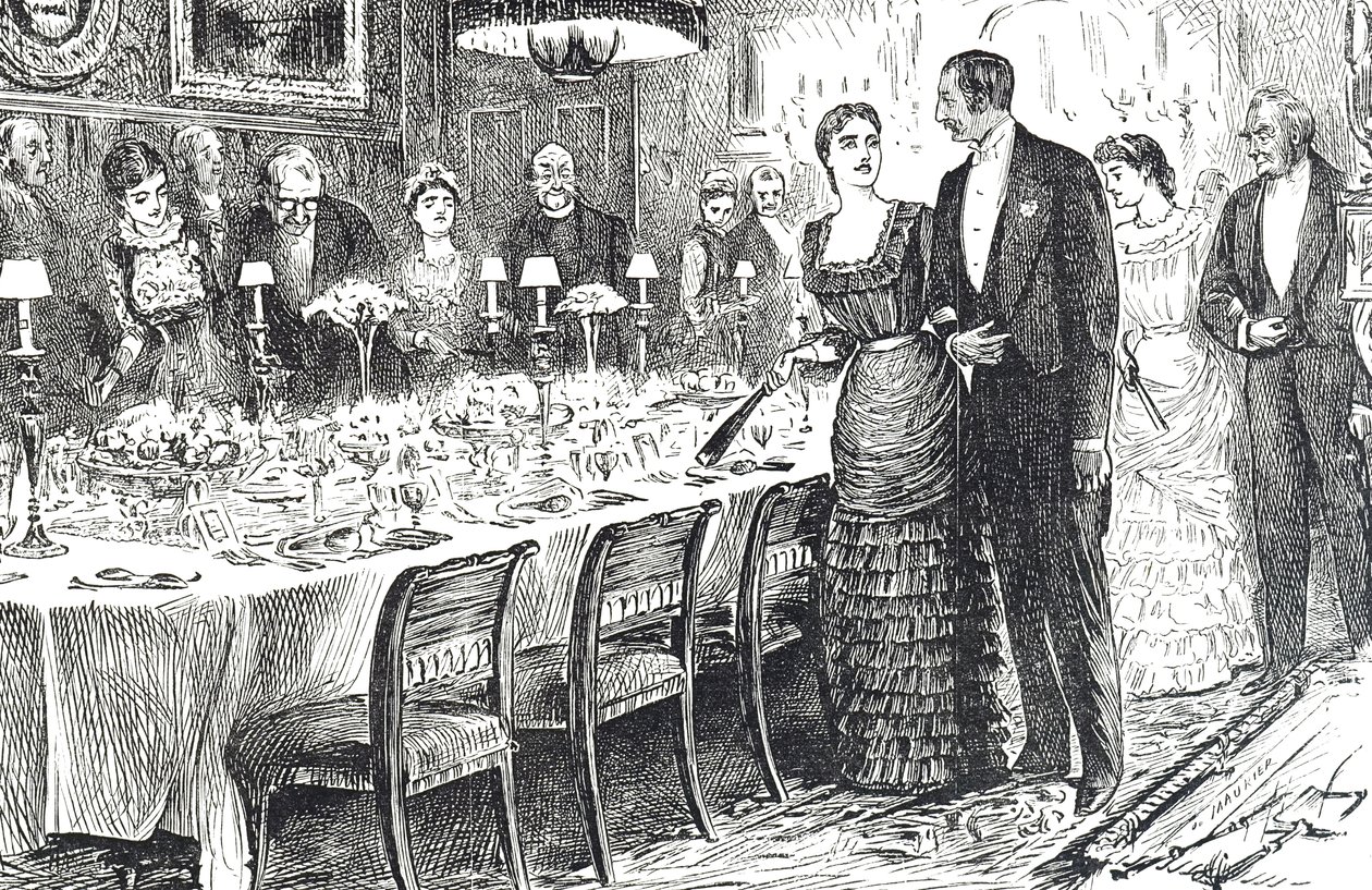 "Going in Dinner" című rajzfilm, amely egy fiatal pár belépőjét ábrázolja az étkezőbe alkotó: George du Maurier