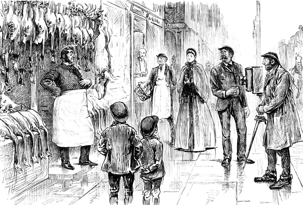 Metszet, amely egy hentest és baromfit ábrázol, amint George du Maurier fényképezte karácsonyi kiállítása előtt. George du Maurier (1834-1896) francia-brit karikaturista és író. 19. századi keltezésű ©UIG/Leemage alkotó: George du Maurier