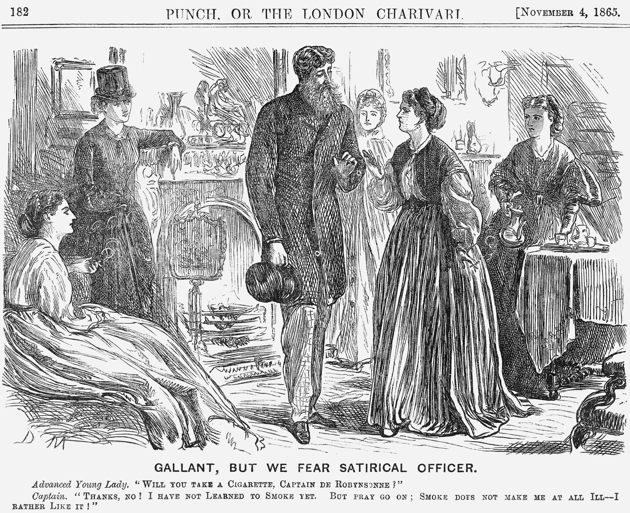 „Galáns, de félünk a szatirikus tiszttől”, 1865 alkotó: George du Maurier