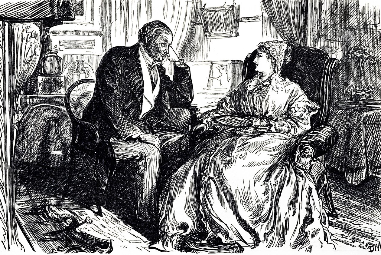 Georges du Maurier rajzfilm, amely egy férfi és nő beszélgetését illusztrálja a csukamájolaj nyugtató hatásairól. Anglia 1869 alkotó: George du Maurier