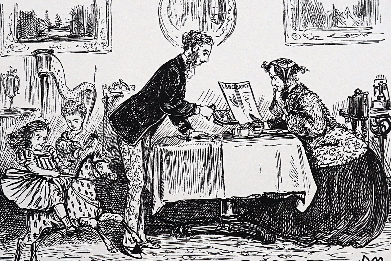 1865-ben Elizabeth Garrett Anderson első női orvosként kapott engedélyt az orvosi gyakorlatra alkotó: George du Maurier