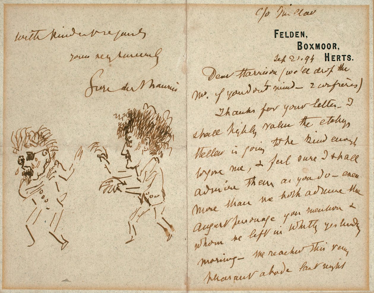 Levél Whistler rajzával, amely Du Maurier-t fenyegeti alkotó: George du Maurier