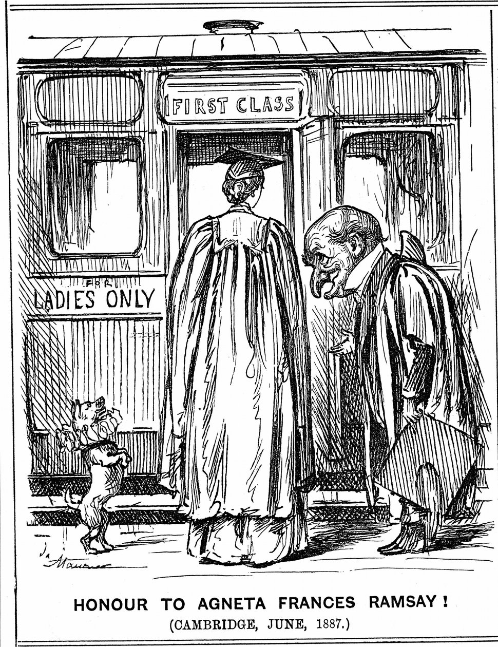 Punch úr meghajol Agneta Frances Ramsay előtt, aki ült, és első osztályú kitüntetéssel teljesítette a papírokat, de nem vehetett át diplomát, mivel Cambridge jelenleg nem ítélte oda nőknek. George du Maurier rajzfilm a londoni Punchból, 1887. július 2. Met alkotó: George du Maurier