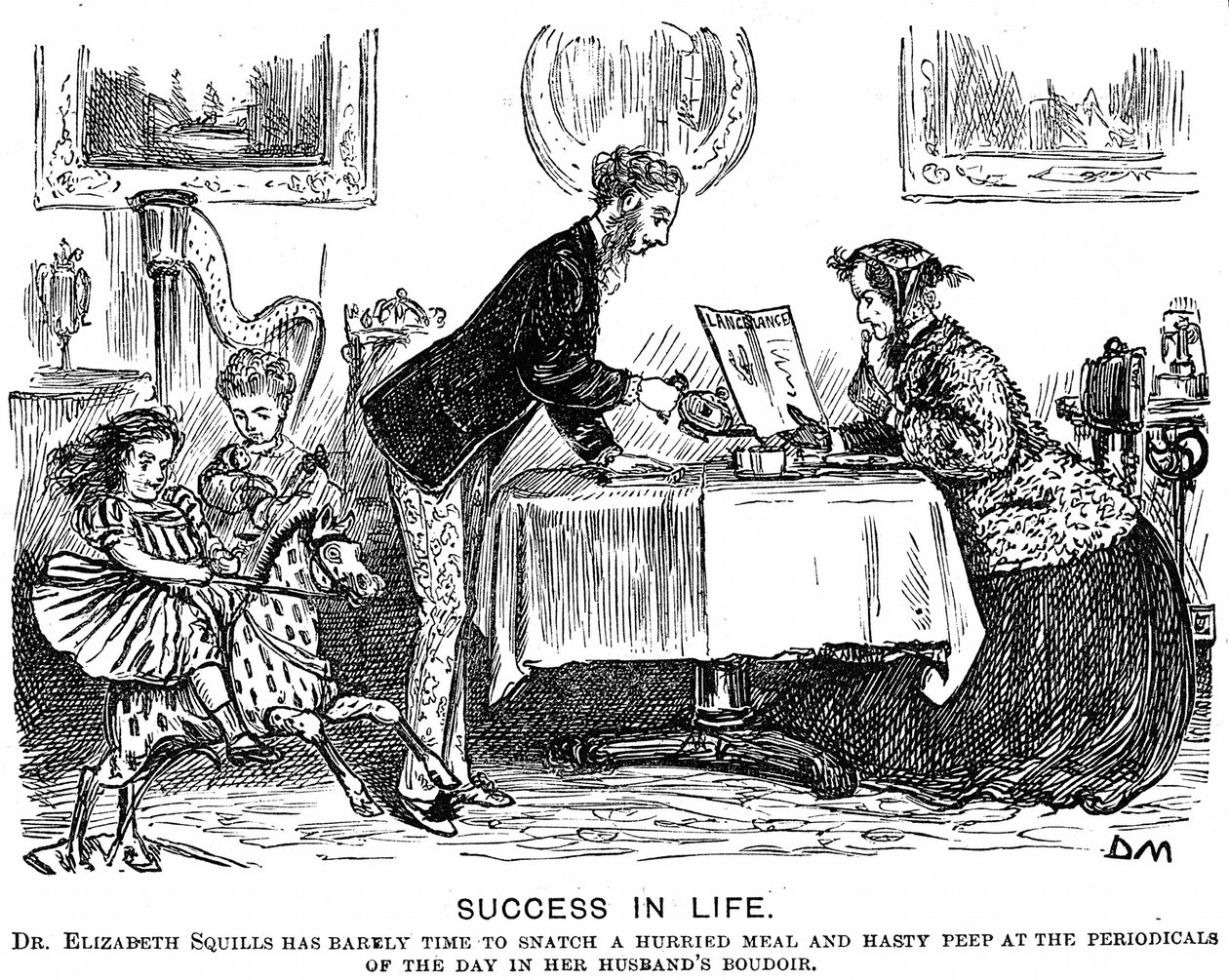 Siker az életben: Szerepváltás és a modern profi nő. George du Maurier rajzfilm a Punch Almanack számára 1867-re. 1865-ben Elizabeth Garrett Anderson (1836-1917) engedélyt kapott a Patikatárius Társaságtól a gyakorlásra. alkotó: George du Maurier
