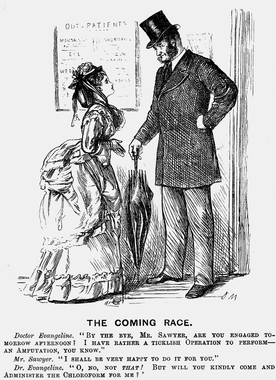 A Coming Race. A jövő sebésze. George du Maurier rajzfilm a Punch Londonból 1872. szeptember 14-én, amely bemutatja azt a pártfogó hozzáállást, amelyet az orvosi szakmában dolgozó nők elvárhatnak férfi kollégáiktól. Metszés. alkotó: George du Maurier