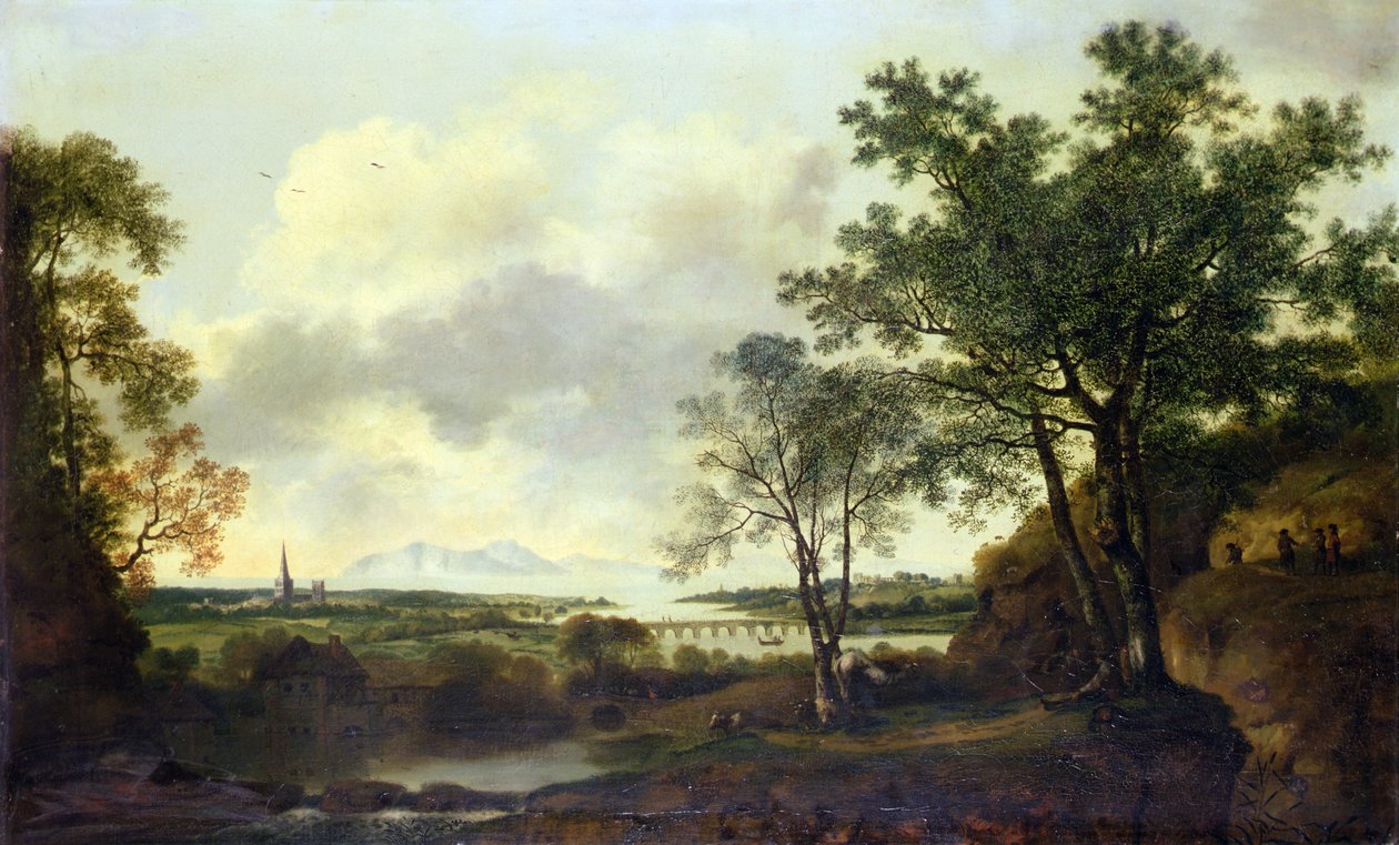 Chichester capriccio-képe, figurákkal és szarvasmarhákkal az előtérben alkotó: George of Chichester Smith