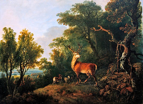 Egy szarvas és három farkas egy erdős tájban (olaj, panel) alkotó: George the Elder Barret