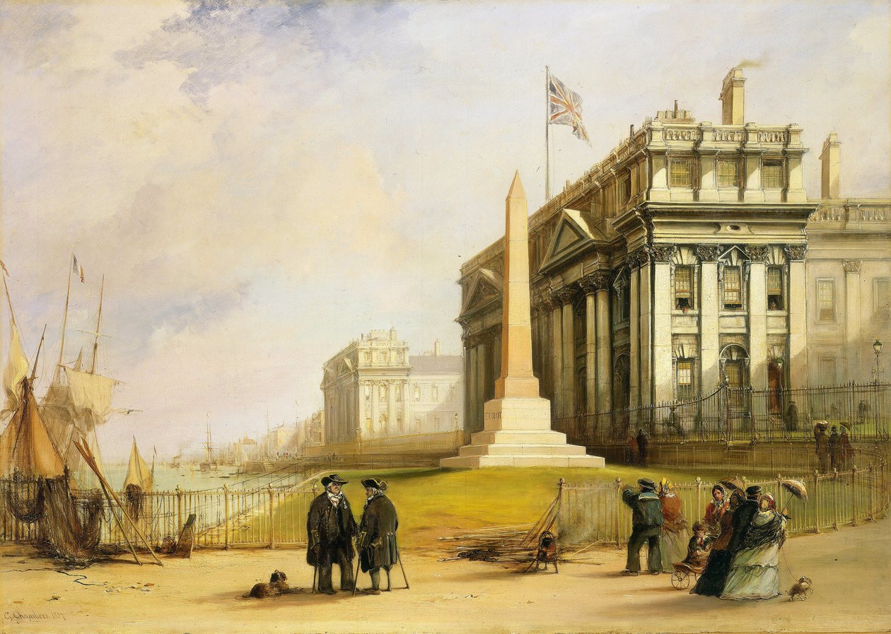 A Bellot-obeliszk a Greenwich Kórházban, London (Anglia), emlékmű Joseph René Bellot francia hadnagy emlékére, aki 1853-ban halt meg, amikor John Franklin (1756-1847) elveszett sarkvidéki expedícióját kereste. alkotó: George the Elder Chambers