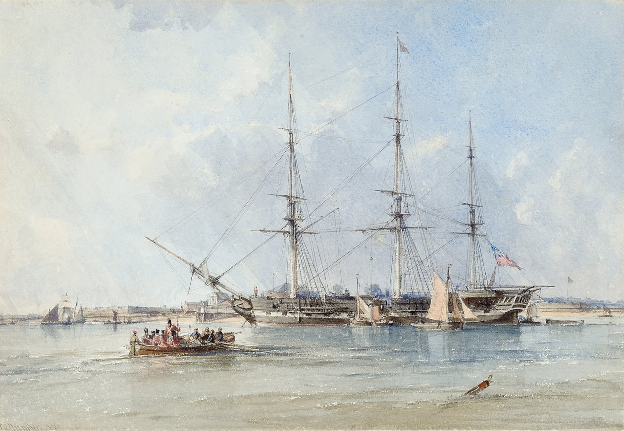 A Blackwall Seringapatam fregatt a Tilbury erődnél horgonyoz alkotó: George the Elder Chambers