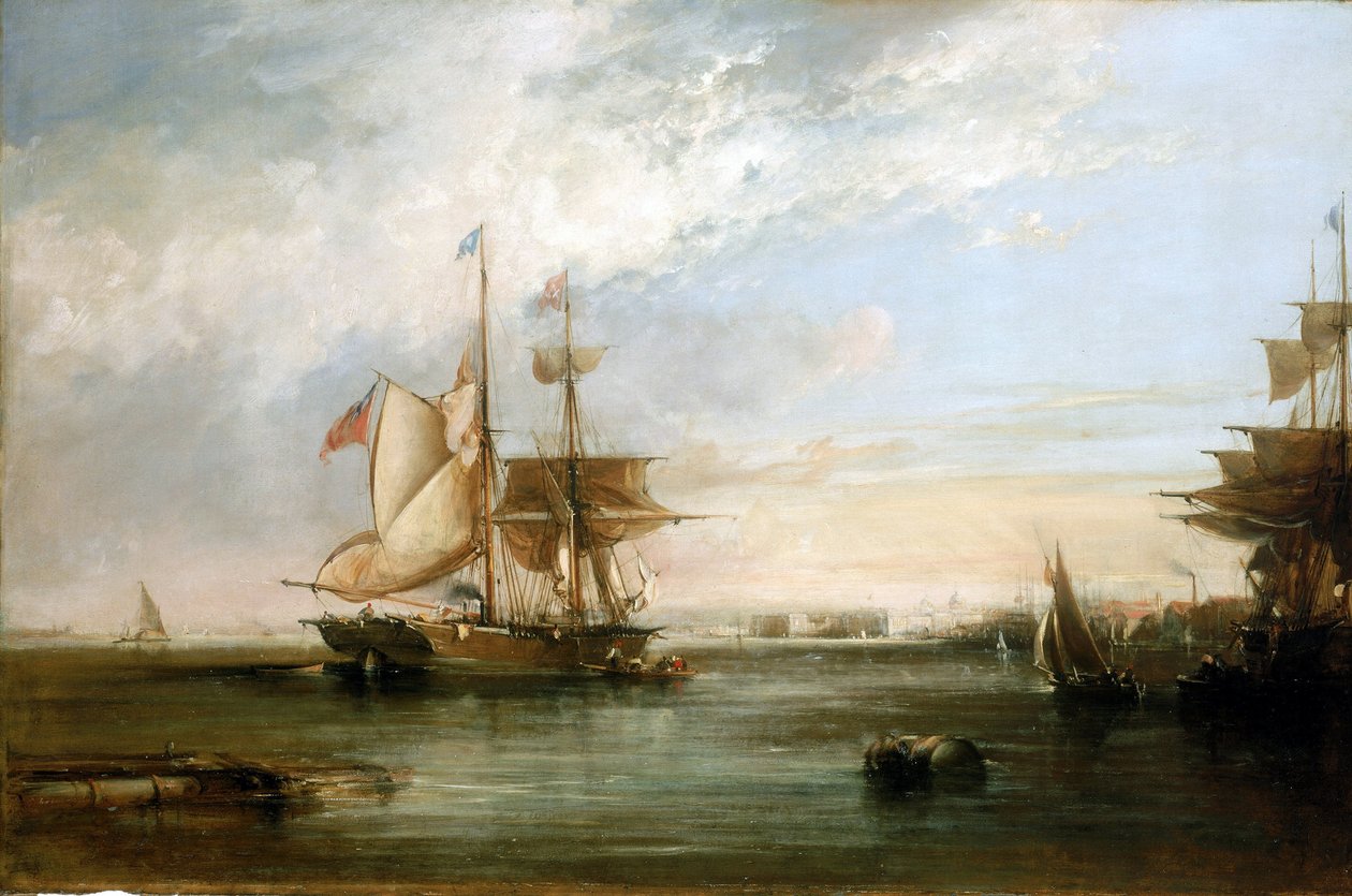 Az "Isabel" jacht Deptford (Anglia) partjainál. Olajfestmény alkotó: George the Elder Chambers