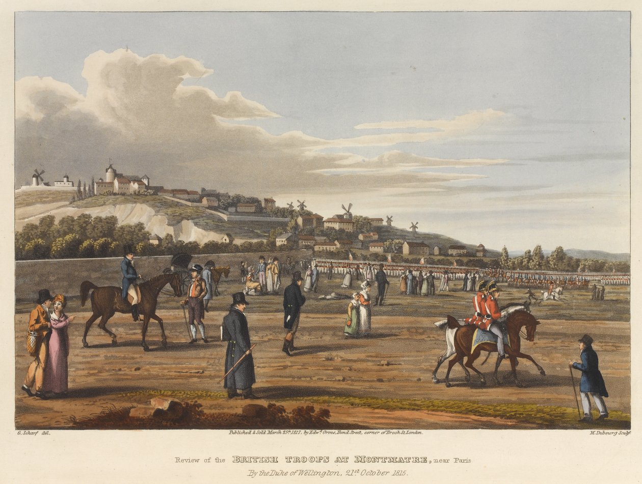 Wellington hercegének áttekintése a Párizs melletti Montmatre [sic]-ben lévő brit csapatokról, 1815. október 21., M. Dubourg metszet, 1819 (színes akvatinta) alkotó: George the Elder Scharf