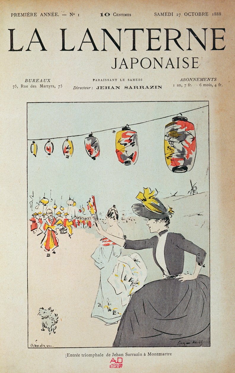 A „La Lanterne Japonaise” 1. számának borítója, amelyet Jehan Sarrazin költő adott ki, aki 1888-ban megvásárolta a „le Divan Japonais” kabarét, 1888. október 27. alkotó: Georges Auriol
