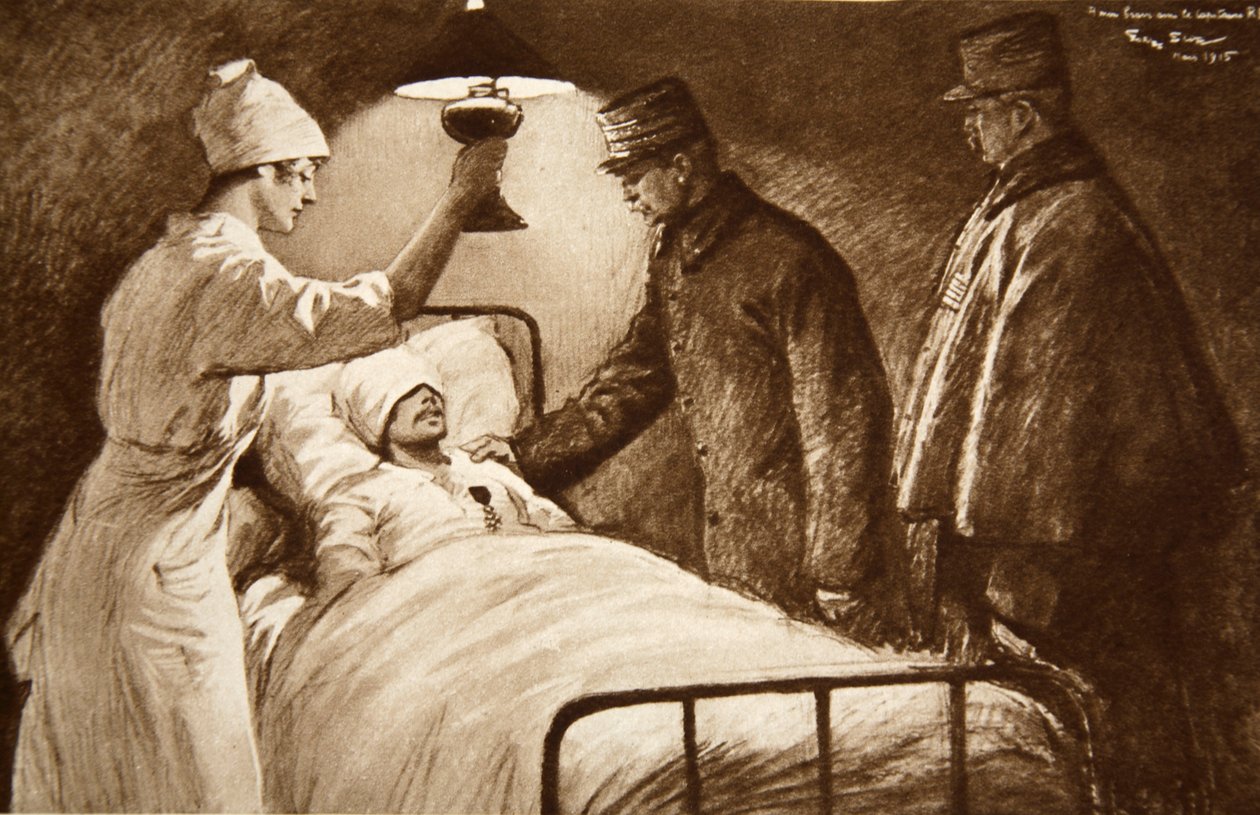 A Becsületlégió lovagja: egy megsebesült francia kapitány, aki veszedelmes műtét előtt áll, tábornokának kitüntetésével egy tábori kórházban, a The Illustrated War News-ból. alkotó: Georges Bertin Scott