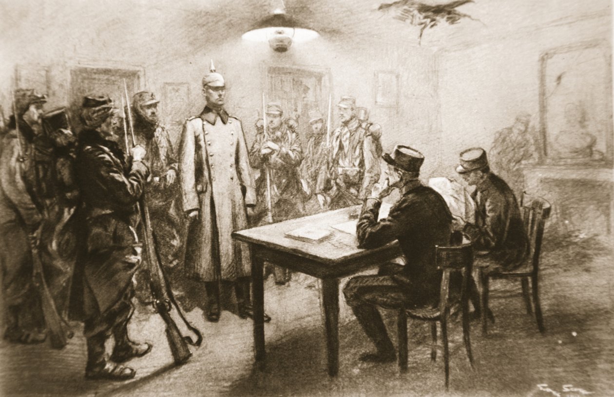 „Vállpántból a hadsereg felállítása”: Egy elfogott német tisztet a francia vezérkar tagjai vizsgálnak meg a „The Illustrated War News”-ból. alkotó: Georges Bertin Scott