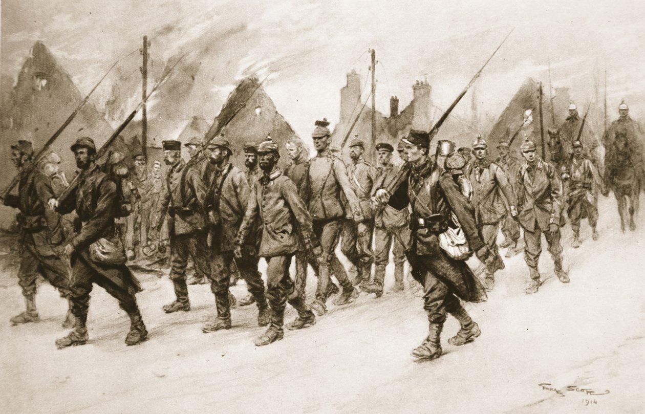 Mindegyik egy-egy láncszem az ellenséges erőkre vonatkozó bizonyítékok láncolatában: Német foglyok francia őrség alatt, a "The Illustrated War News"-ból. alkotó: Georges Bertin Scott
