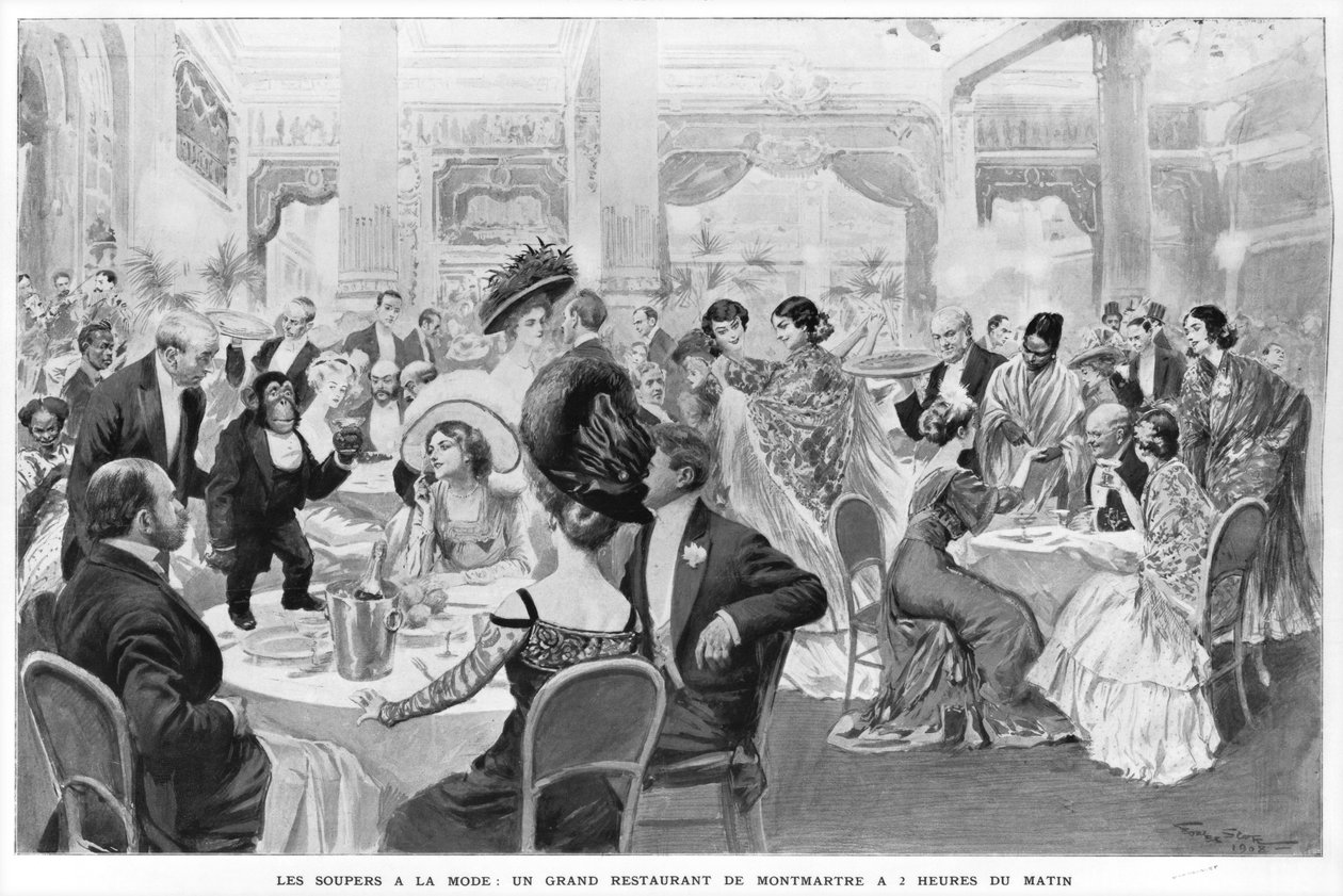 Divatos vacsorák, egy jó Montmartre-i étterem hajnali két órakor, 1908 alkotó: Georges Bertin Scott
