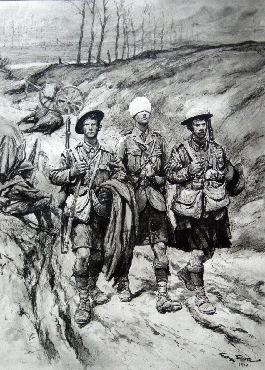 Skót katonák segítenek sebesült tisztjüknek, 1917 alkotó: Georges Bertin Scott