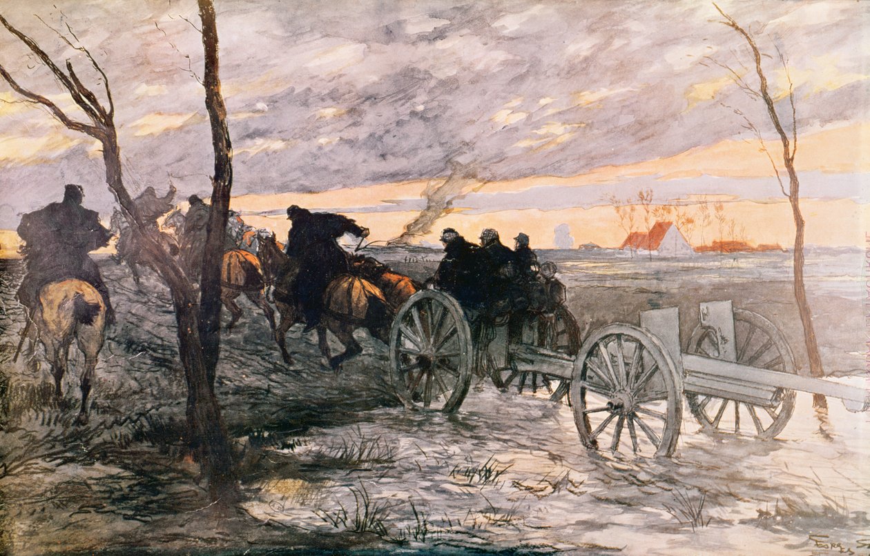 Naplemente az Yser völgyében: egy 75-ös ágyút gurítanak stratégiai pozícióba, 1914 körül alkotó: Georges Bertin Scott