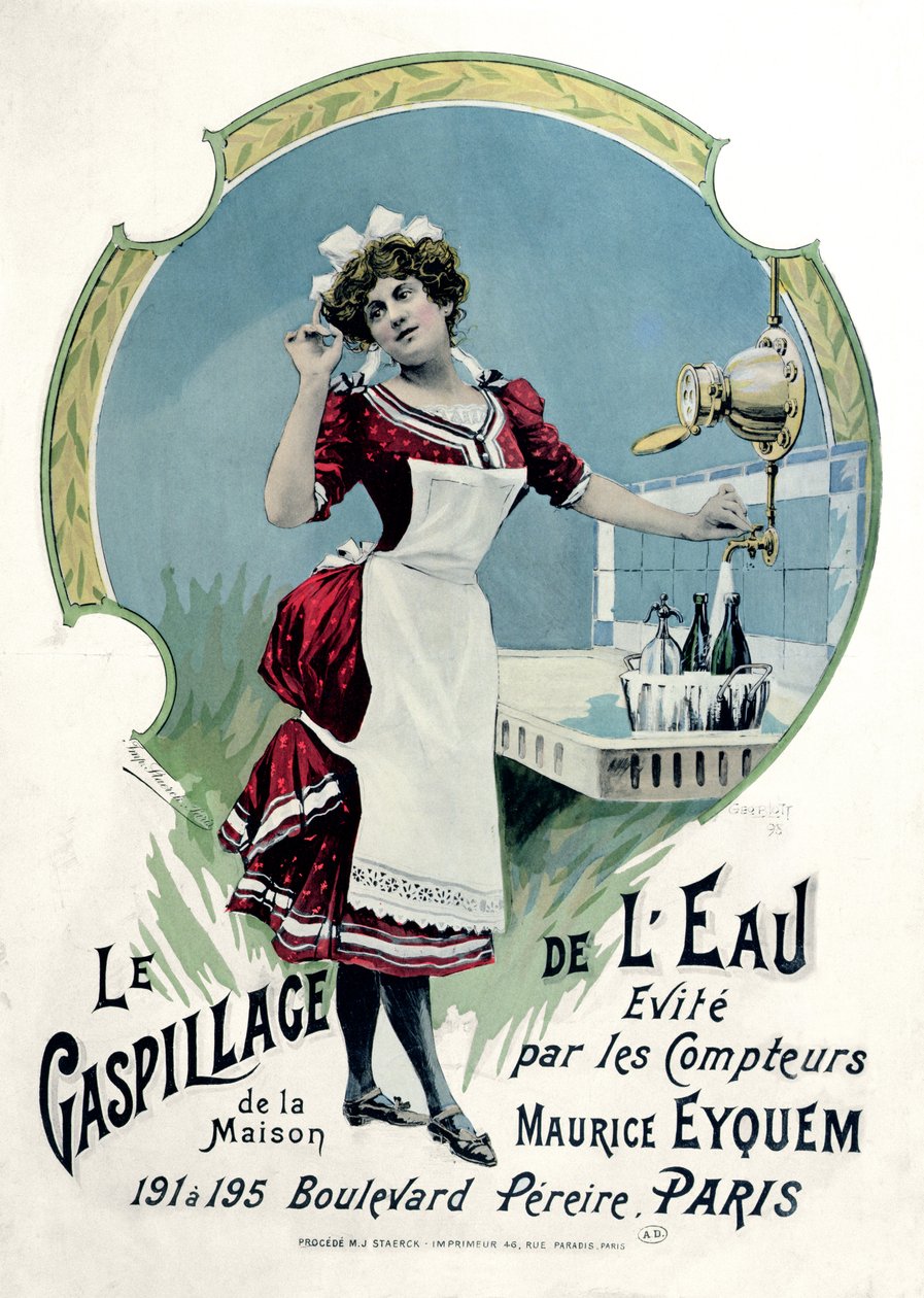 „A vízpazarlás elkerülhető”, Maurice Eyquem vízmérők hirdetése, 1898 alkotó: Georges Blott