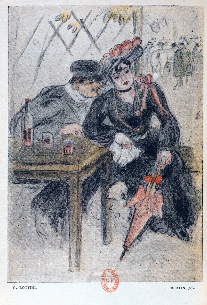 Egy prostituált és ügyfele, illusztráció Jean Lorrain (1855-1906) „La Maison Philibert” című művéből, 1904-ben megjelent alkotó: Georges Bottini