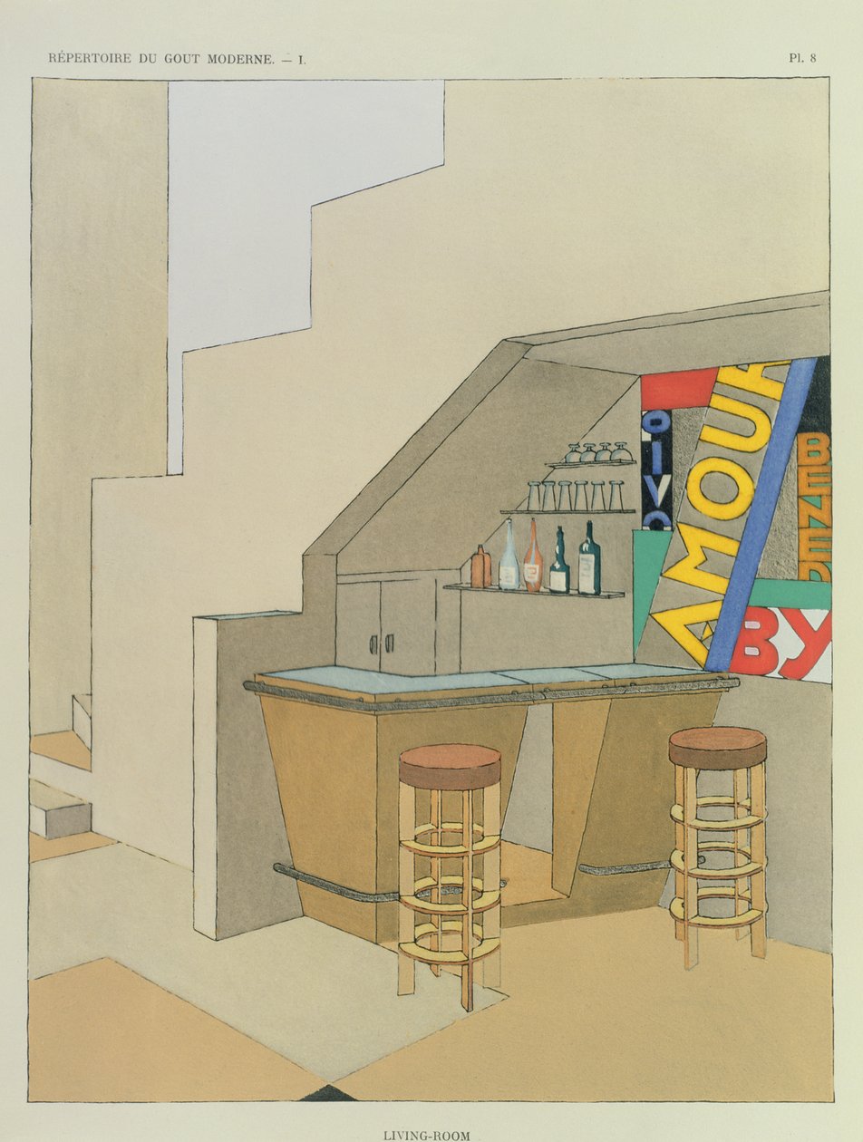 Terv egy kis bárhoz, egy 200 nyomatot tartalmazó francia belsőépítészeti kiadványból, 1928-29 körül (pochoir print) alkotó: Georges Djo Bourgeois