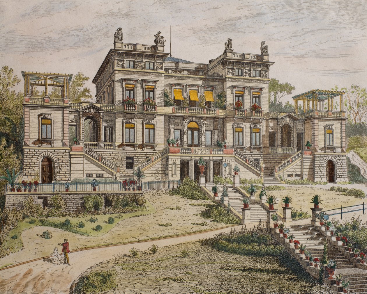 Kastély Stuttgart mellett, kert, illusztráció a "Le Moniteur des architectes" című műből, 1881 (színes metszet) alkotó: Georges Felix Garen