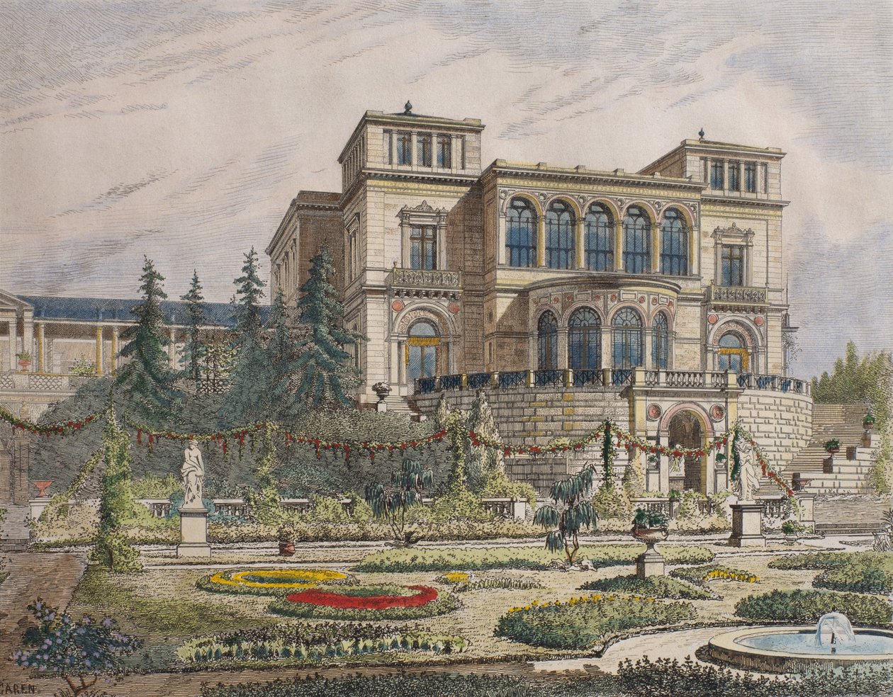 Kastély Stuttgart közelében, veranda homlokzata, a „Le Moniteur des architectes” illusztrációja, 1881 (színes metszet) alkotó: Georges Felix Garen